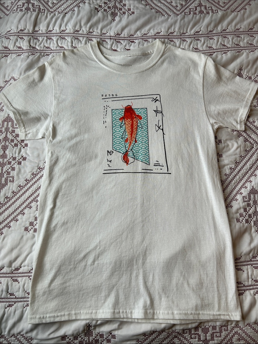 Urban Outfitters Unisex White Crewneck Tee Koi Fish- Standard Fit